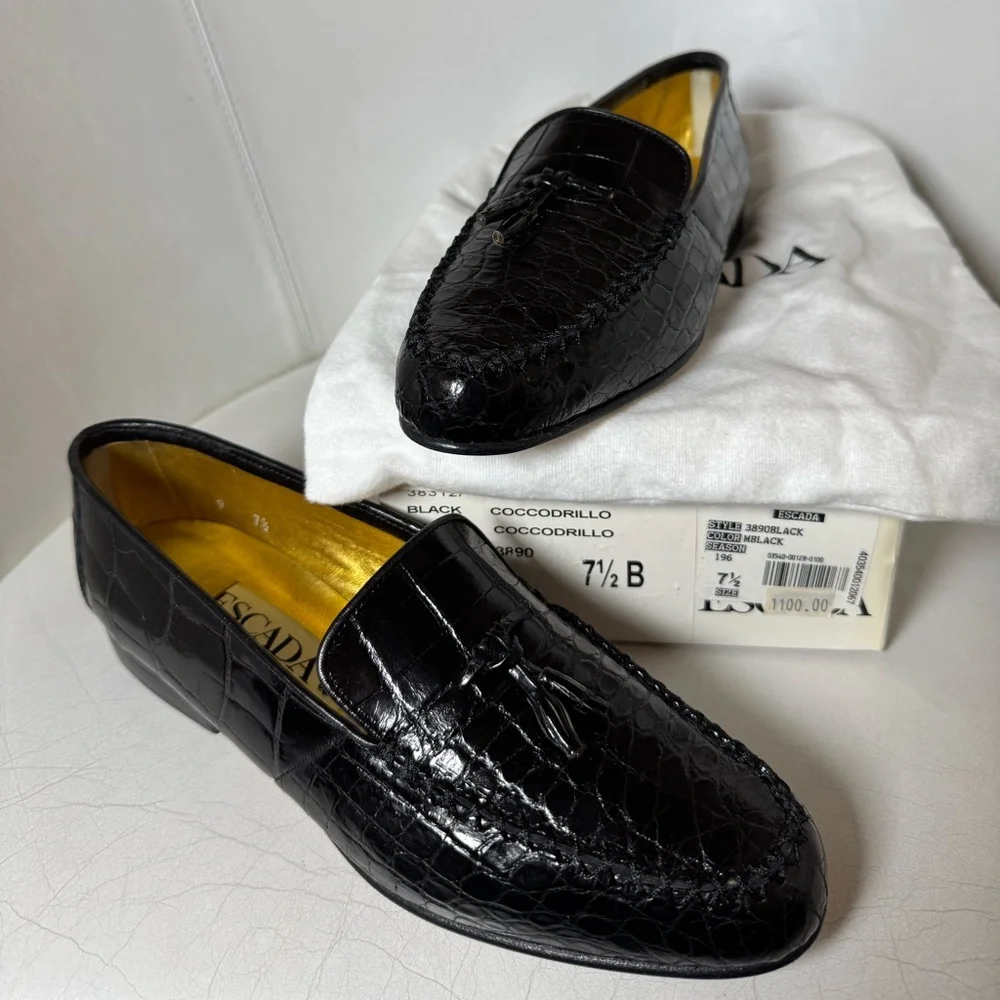 Escada Black Crocodile Embossed Loafers